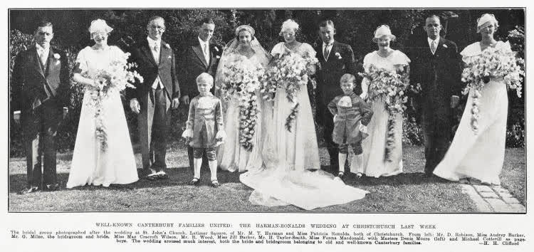 Well-known Canterbury families united: the Harman-Ronald's wedding at Christchurch last week, 1934