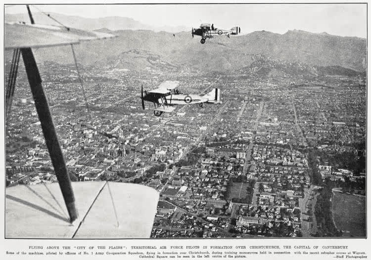 Flying above the 'city of the plains': territorial air force pilots in formation over Christchurch, the capital of Canterbury, 1934