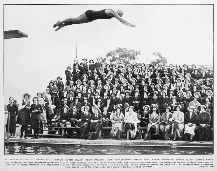 An important annual event at a leading South Island girls' college: the Christchurch Girls' High School swimming sports at St. Albans Baths, 1934