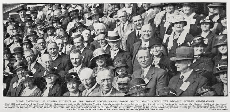 Large gathering of former students of the Normal School, Christchurch, South Island, attend the diamond jubilee celebrations, 1934