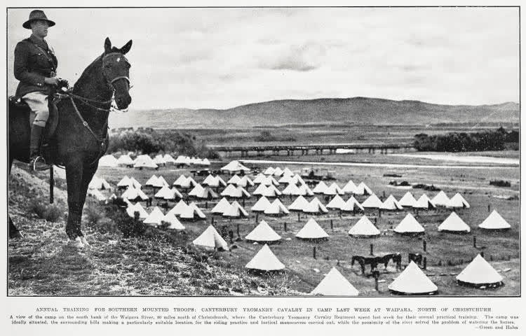 Annual training for Southern Mounted troops: Canterbury Yeomanry Cavalry in camp last week at Waipara, north of Christchurch, 1934
