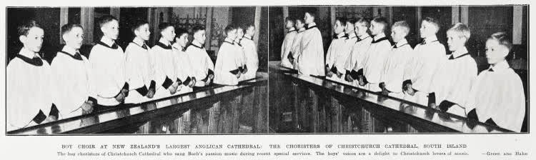 Boy choir at New Zealand's largest Anglican Cathedral: the choristers of Christchurch Cathedral, South Island, 1934