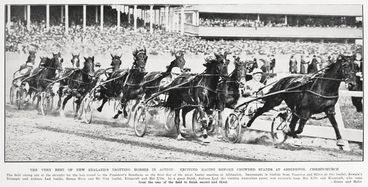 The very best of New Zealand's trotting horses in action: exciting racing before crowded stands at Addington, Christchurch, 1934