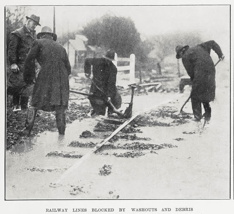 Railway lines blocked by washouts and debris, 1934