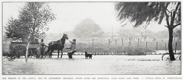 The streets of the capital city of Canterbury resemble rivers after the torrential rains early last week: a typical scene in Christchurch, 1934