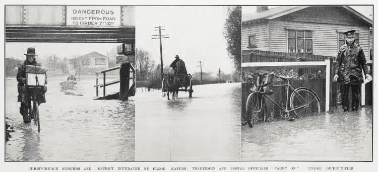 Christchurch suburbs and district inundated by flood waters: tradesmen and postal officials 'carry on' under difficulties, 1934