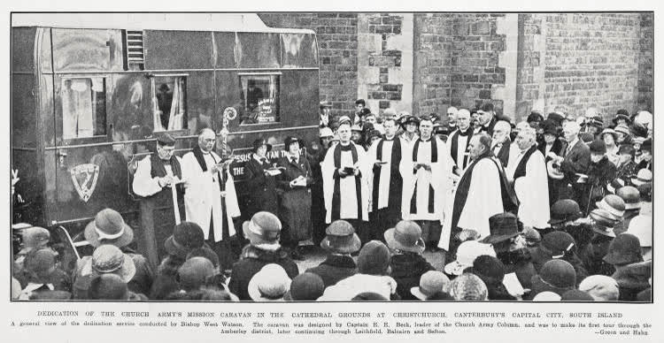 Dedication of the Church Army's mission caravan in the Cathedral grounds at Christchurch, Canterbury's capital city, South Island, 1934