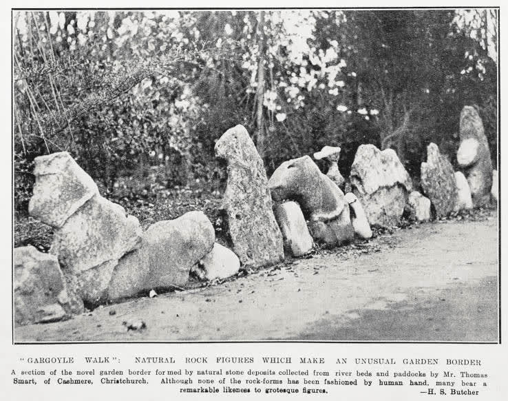 Gargoyle walk: natural rock figures which make an unusual garden border, 1934