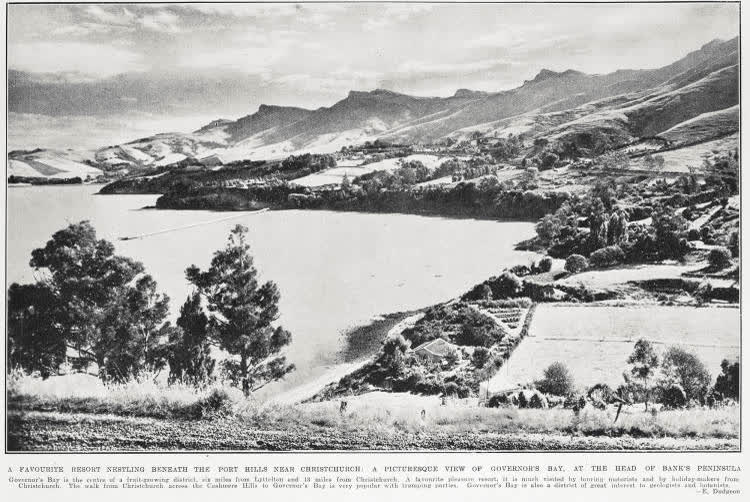 A favourite resort nestling beneath the Port Hills near Christchurch: a picturesque view of Governor's Bay, at the head of Bank's Peninsula, 1934