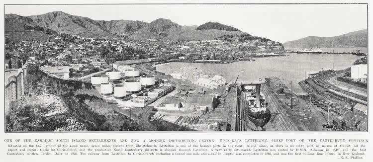 One of the earliest South Island settlements and now a modern distributing centre: up-to-date Lyttelton, chief port of the Canterbury Province, 1934