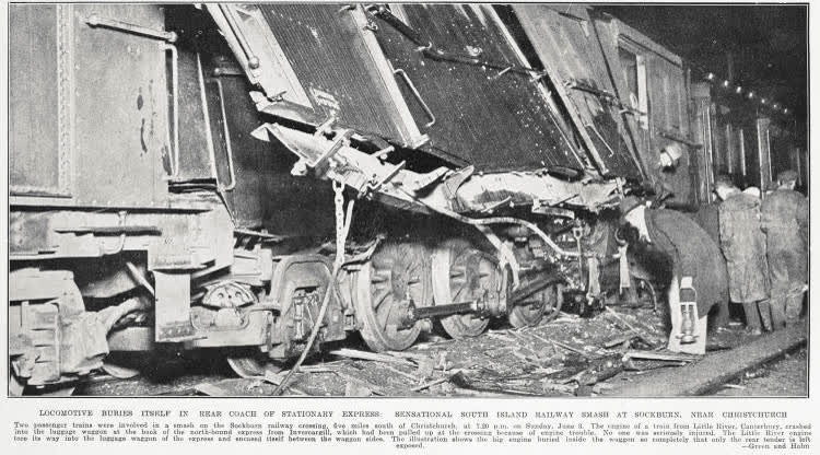 Locomotive buries itself in rear coach of stationary express: sensational South Island railway smash at Sockburn, near Christchurch, 1934