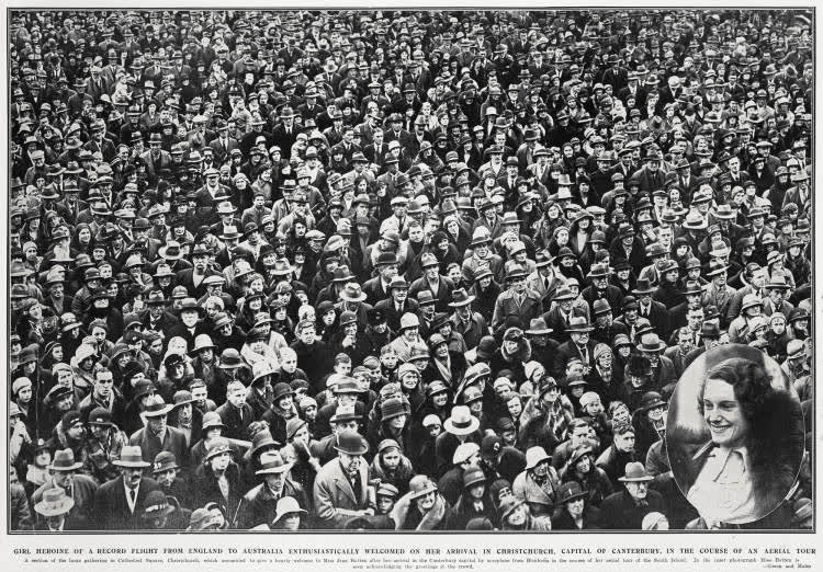 Girl Heroine of a Record Flight From England To Australia Enthusiastically Welcomed On Her Arrival In Christchurch, Capital in the Course of an Aerial Tour, 1934