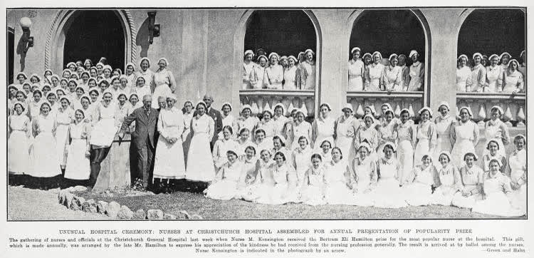 Unusual Hospital Ceremony: Nurses At Christchurch Hospital Assembled For Annual Presentation of Popularity Prize, 1934