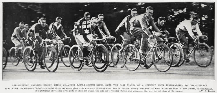Christchurch Cyclists Escort Their Champion Long-Distance Rider Over The Last Stages of a Journey From Invercargill To Christchurch, 1934