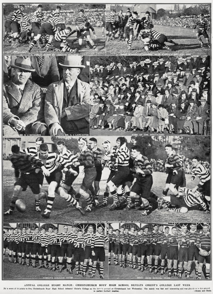 Annual college rugby match: Christchurch Boy's High School defeats Christ's College last week, 1935