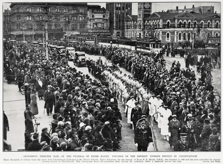 Impressive tributes paid at the funeral of Nurse Maude, founder of the District Nursing Service in Christchurch, 1935