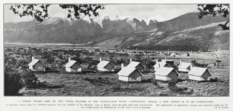 A Public Works camp by the upper reaches of the Waimakariri River, Canterbury, where a new bridge is to be constructed, 1935