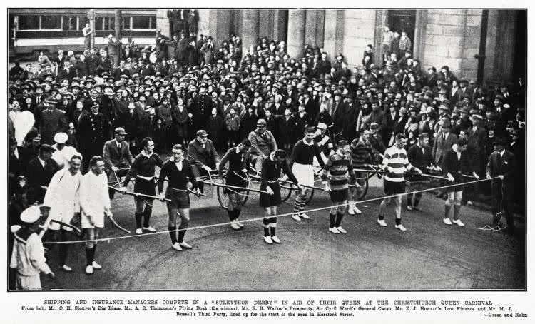 Shipping and insurance managers compete in a 'sulkython derby' in aid of their queen at the Christchurch Queen Carnival, 1935