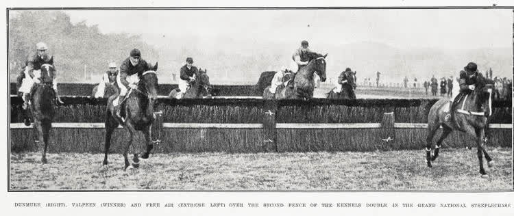 Dunmure (right), Valpeen (winner) and Free Air (extreme left) over the second fence of the Kennels Double in the Grand National Steeplechase, 1935