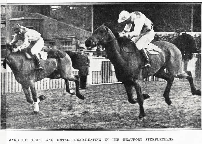 Make-up (left) and Umtali dead-heating in the Beaufort Steeplechase, 1935