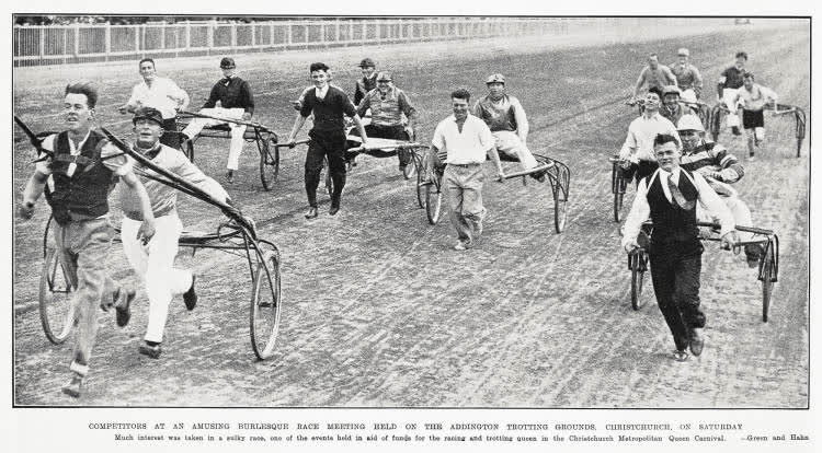 Competitions at an amusing burlesque race meeting held on the Addington Trotting Grounds. Christchurch, on Saturday, 1935