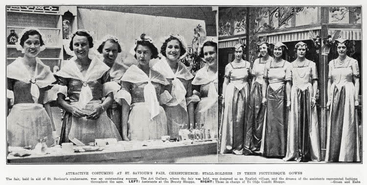 Attractive costuming at St. Saviour's fair, Christchurch: stall- holders in their picturesque gowns, 1935