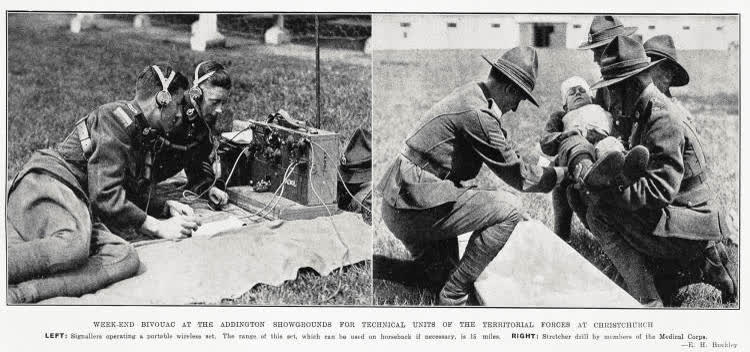 Weekend bivouac at the Addington Showgrounds for technical units of the territorial forces at Christchurch, 1935