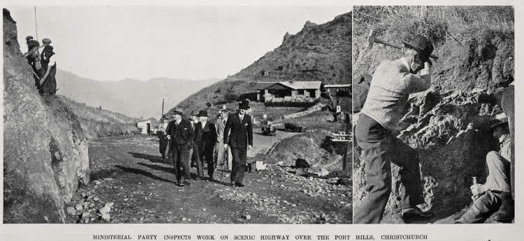 Ministerial party inspects work on scenic highway over the Port Hills, Christchurch, 1936