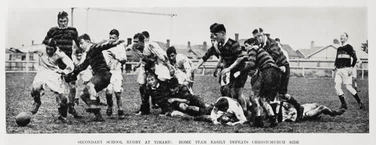 Secondary school rugby at Timaru: home team easily defeats Christchurch side, 1936