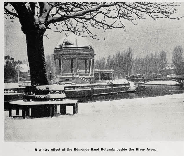 A wintry effect at the Edmonds Band Rotunda beside the River Avon, 1936