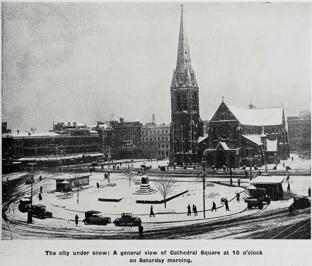 The city under snow: a general view of Cathedral Square at 10 o'clock on Saturday morning, 1936