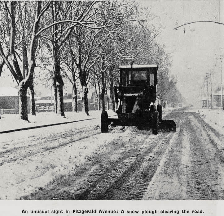 An unusual sight in Fitzgerald Avenue: A snow plough clearing the road, 1936