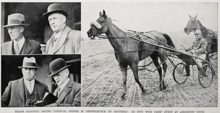 Grand National racing carnival opened in Christchurch on Saturday: De Soto wins chief event at Addington trots, 1936