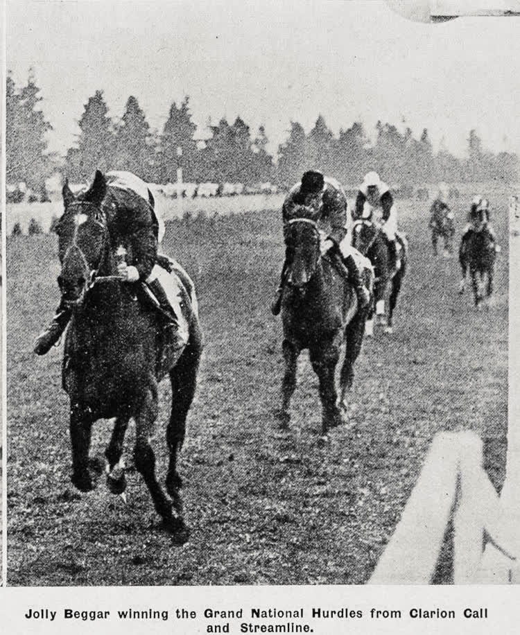 Jolly Beggar winning the Grand National Hurdles from Clarion Call and Streamline, 1936