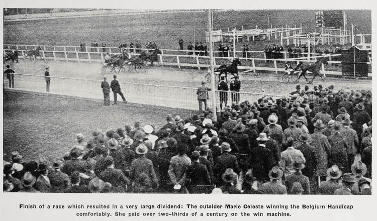 The finish of a race at the New Zealand Trotting Club's meeting at Addington Raceway, Christchurch, 1936