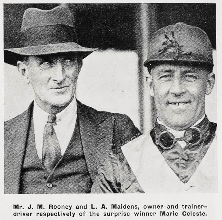 Mr. J. M. Rooney and L. A. Maidens, owner and trainer driver respectively of the surprise winner Marie Celeste, 1936