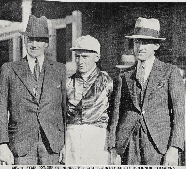 Mr. A Syme (owner), R. Beale (jockey) and D. O'Connor (trainer), 1936