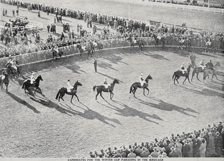 Candidates for the winter cup parading in the birdcage, 1936