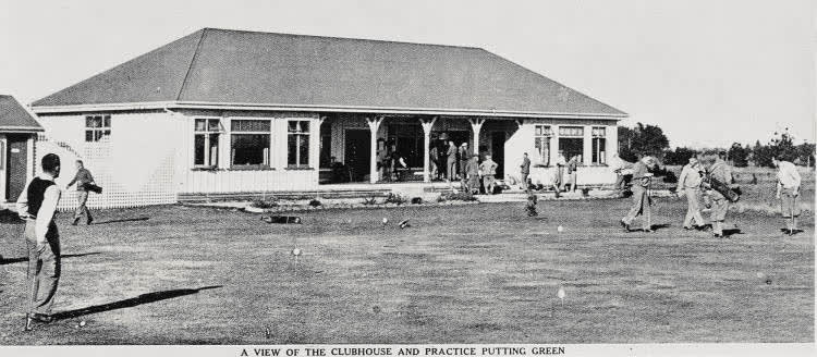 A view of the clubhouse and practice putting green at Russley Golf Club, Christchurch, 1936