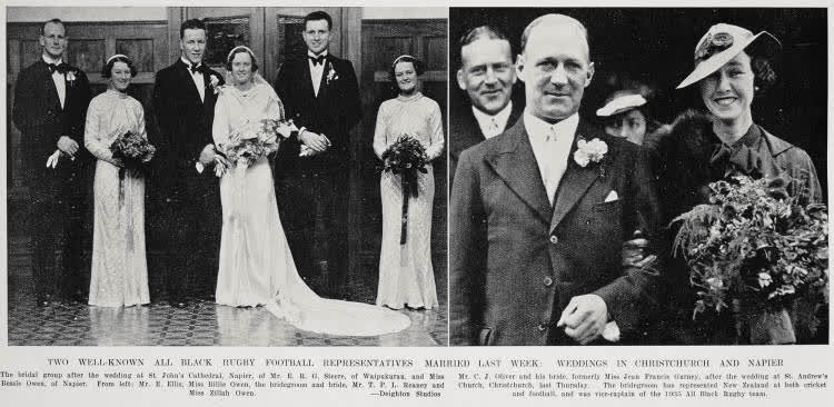 Two well-known All Black rugby football representatives married last week: weddings in Christchurch and Napier, 1936