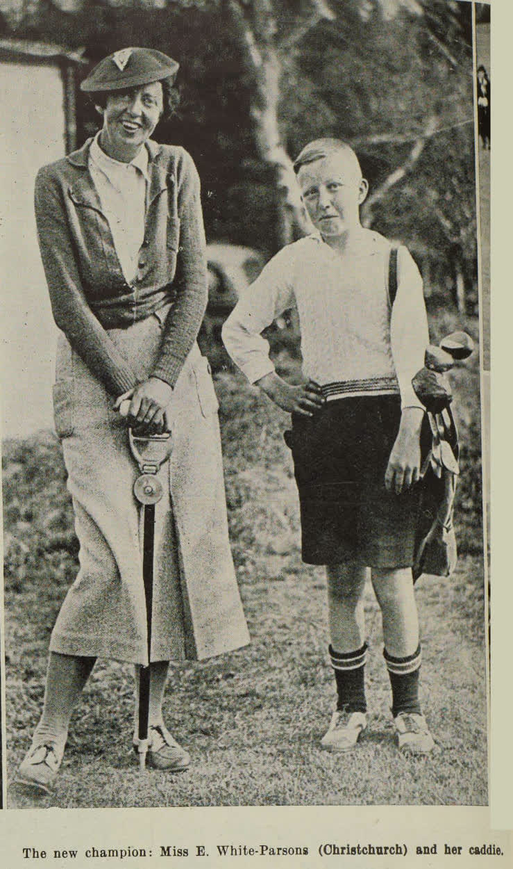 The new champion: Miss E. White-Parsons (Christchurch) and her caddie, 1936