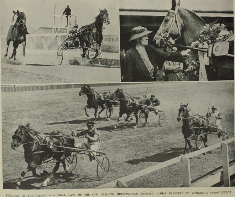 Features of the Second and Final Days of the New Zealand Metropolitan Trotting Club's Carnival at Addington, Christchurch, 1936