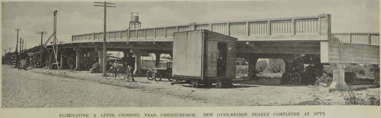 Eliminating a level crossing near Christchurch: new over-bridge nearly completed at Styx, 1937