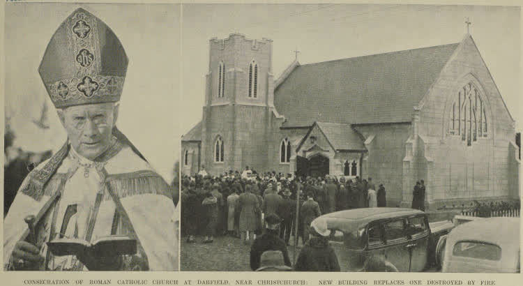 Consecration of Roman Catholic church at Darfield, near Christchurch: new building replaces one destroyed by fire, 1937