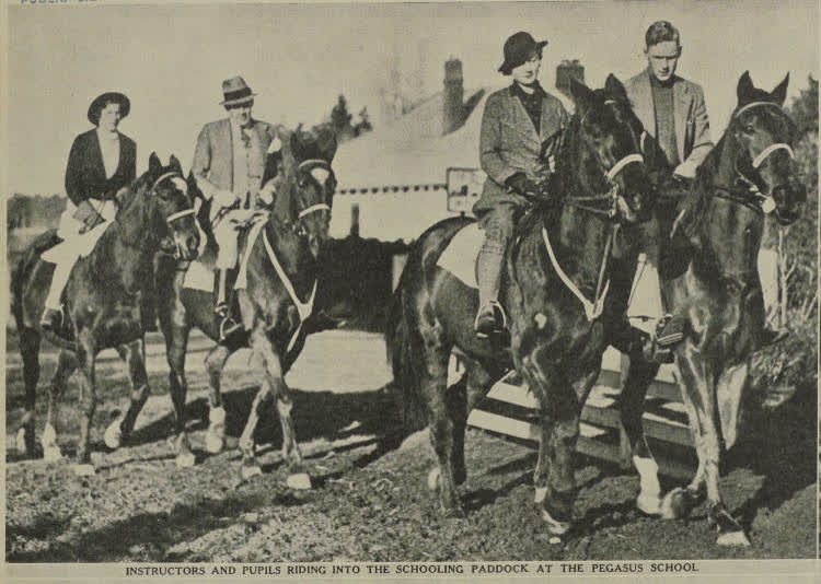Instructors and pupils riding into the schooling paddock at the Pegasus School, 1937