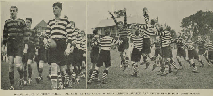 School rugby in Christchurch: pictures at the match between Christ's College and Christchurch Boys' High School, 1937