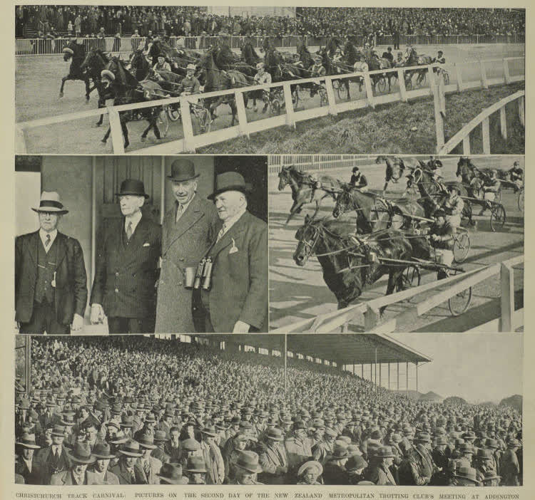 Christchurch track carnival: pictures on the second day of the New Zealand Metropolitan Trotting Club's meeting at Addington, 1937