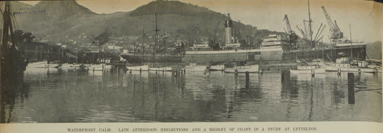 Waterfront calm: late afternoon reflections and a medley of craft in a study at Lyttelton, 1937