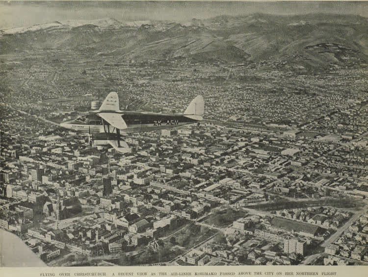 Flying over Christchurch: a recent view as the air-liner Korimako passed above the city on her northern flight, 1937