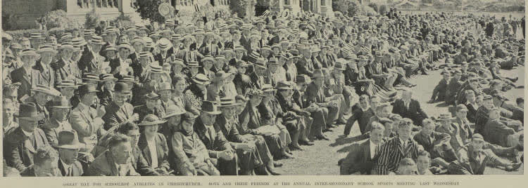 Great day for schoolboy athletes in Christchurch: boys and their friends at the annual inter-secondary school sports meeting last Wednesday, 1937